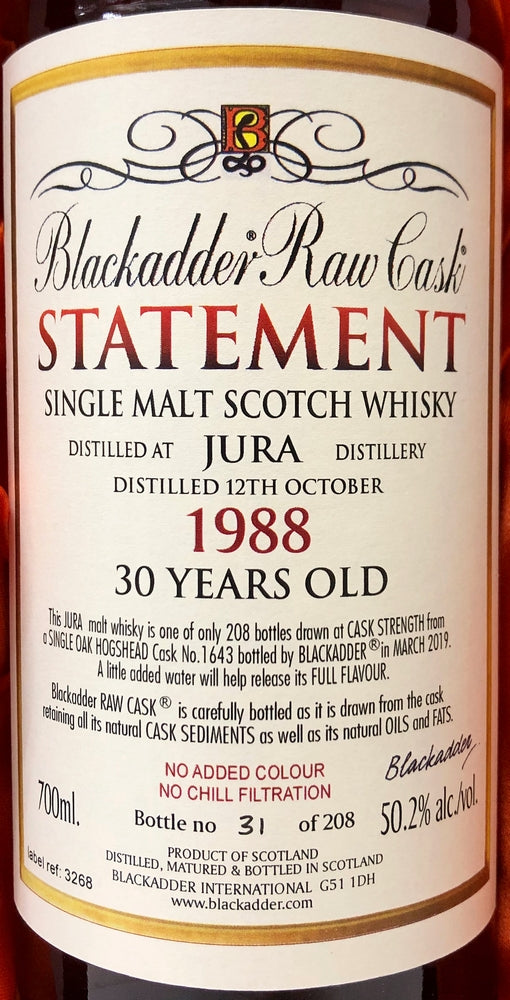 ブラックアダー ステートメント NO.32 ロウカスク ジュラ 1988 30年 Cask No1643 50.2度 700ml