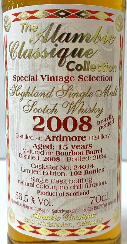 アランビッククラシック アードモア ヘビリーピーテッド 2008 15年 バーボンバレル 56.5度 700ml
