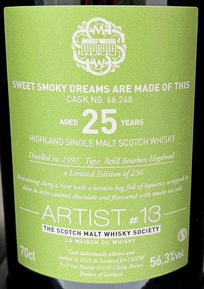 ラ・メゾンド・ウイスキー スコッチモルトウイスキーソサエティ40Th　ARTIST＃13　SWEET SMOKY DREAMS ARE MADE OF THIS　1997　アードモア　REFILL BOURBON HOGSHEAD　25年　56.3度　700ml