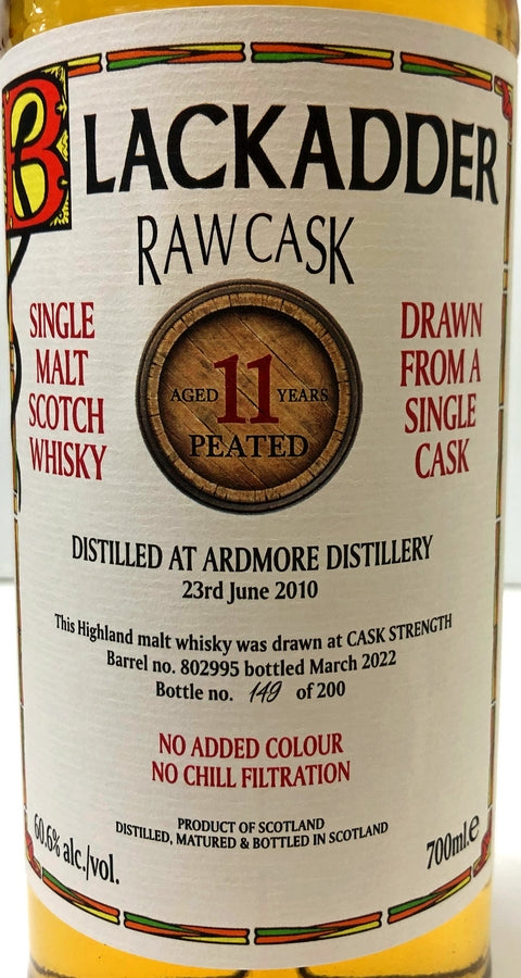 ブラックアダー　ロウカスク　アードモア　 ピーテッド　2010　11年　60.6度　Cask No:802995　700ml