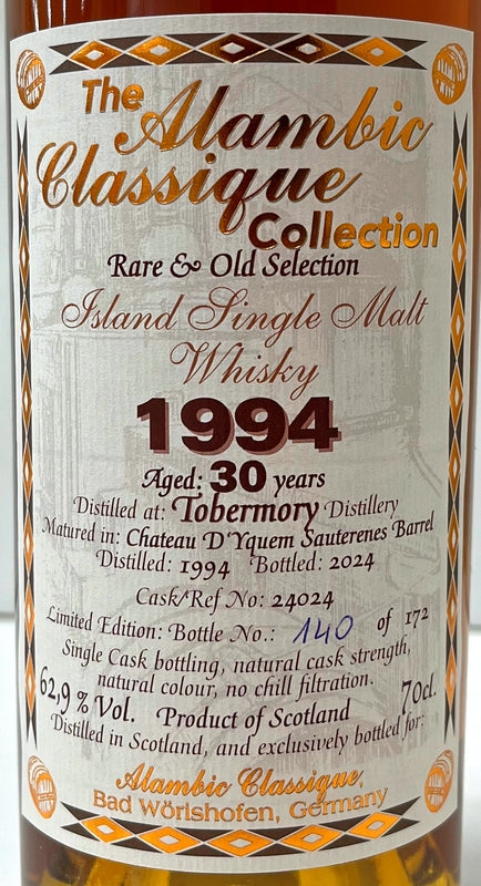 アランビッククラシック　トバモリー　1994　30年　SHATEAUD’YQUEM　SAUTERNES　62.9度　700ml
