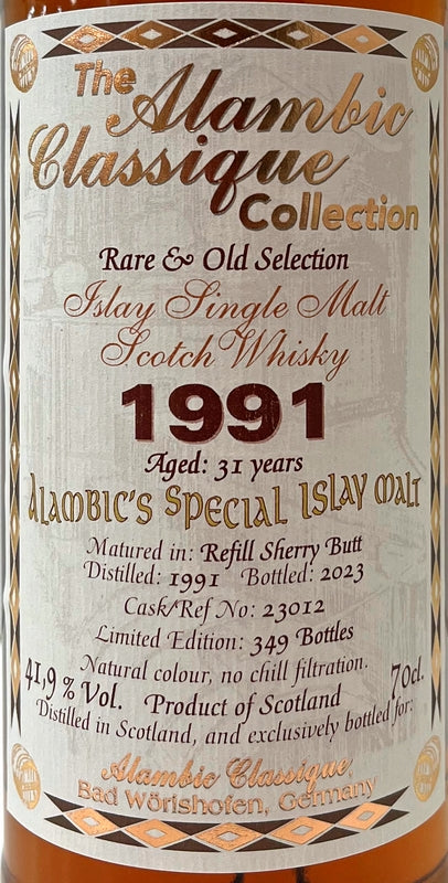 アランビッククラシック　アイラシングルモルト　1991　31年　リフィルシェリーバット　41.9度　700ml