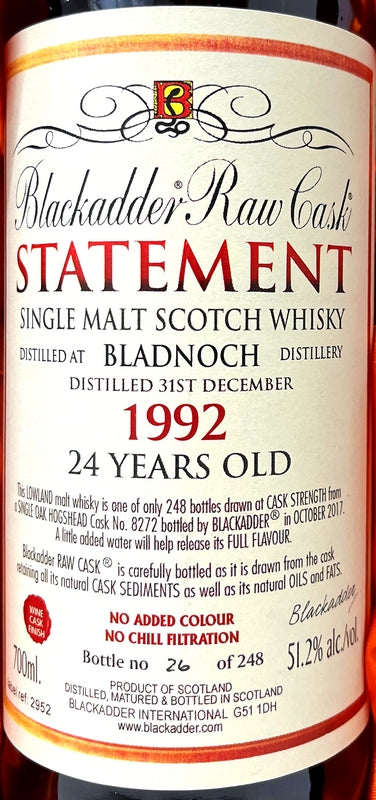 ブラックアダー　ステートメント　ロウカスク　ブラドノック　シェリーカスクフィニッシュ　1992　24年　 Cask No.8272　51.2度　700ml
