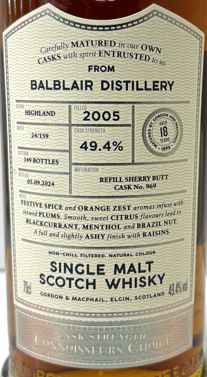 ゴードン&マクファイル　コニサーズチョイス　カスクストレングス　バルブレア　2005　18年　49.4度　700ml